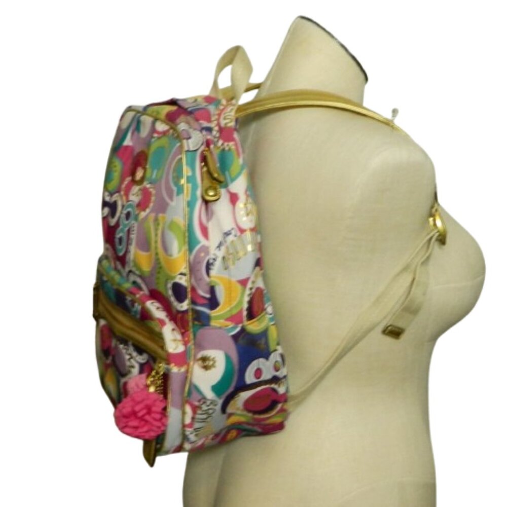 Coach 19432 Poppy Multi Color Graffiti Backpack with Gold Tone Leather Trim EUC! - Picture 4 of 10